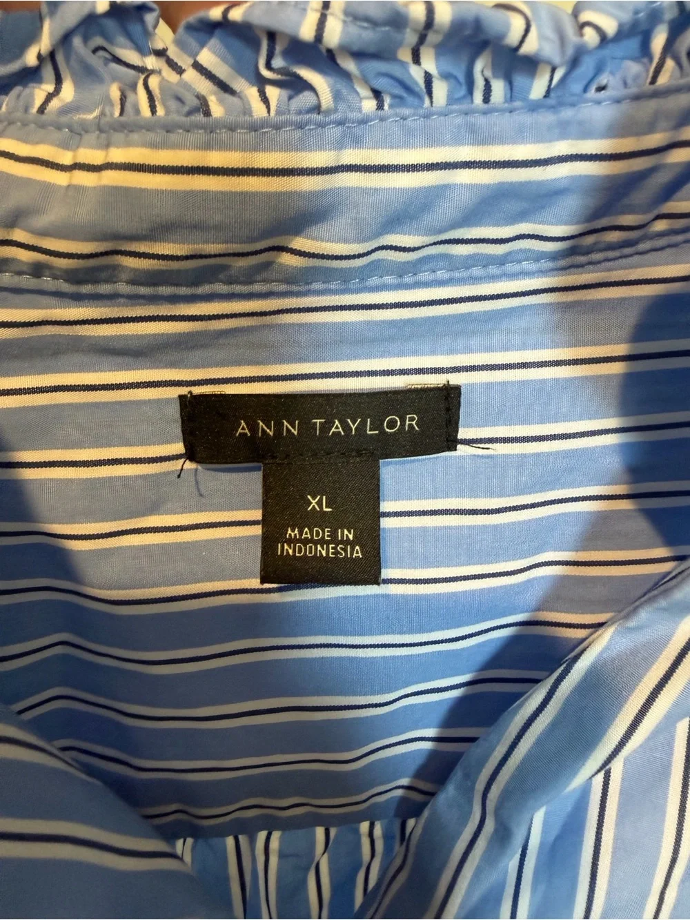 Ann Taylor Blue and White Striped Ruffle Neck Button-Front Blouse